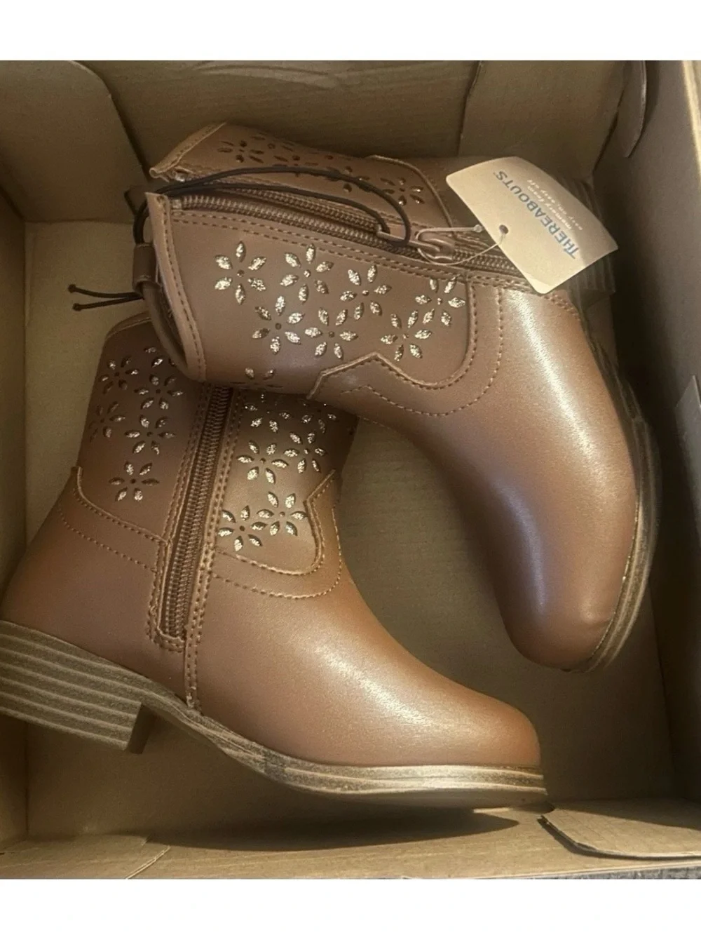 Brown Girls' Western Ankle Boots with Floral Cutouts